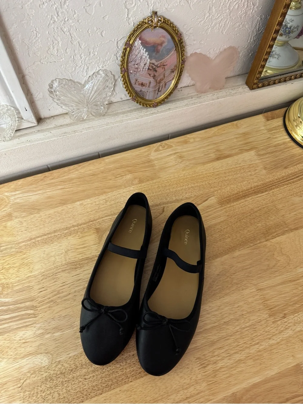 Quince Black Leather Mary Jane Ballet Flats Bow Slip-On Shoes Size 7 BalletCore